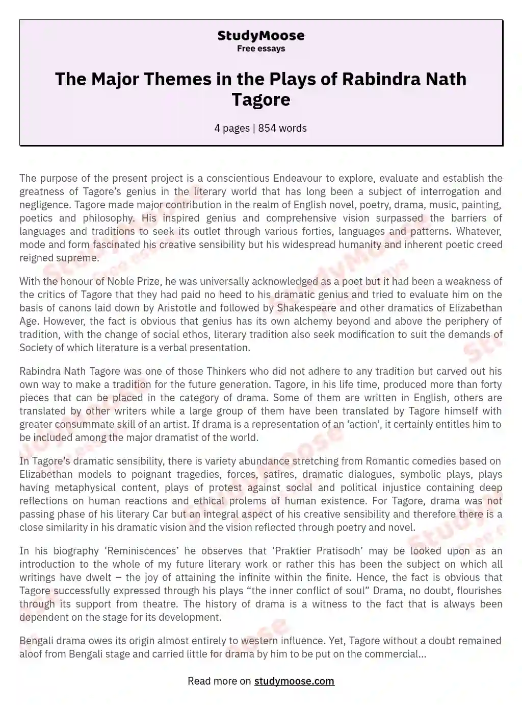 The Major Themes in the Plays of Rabindra Nath Tagore essay