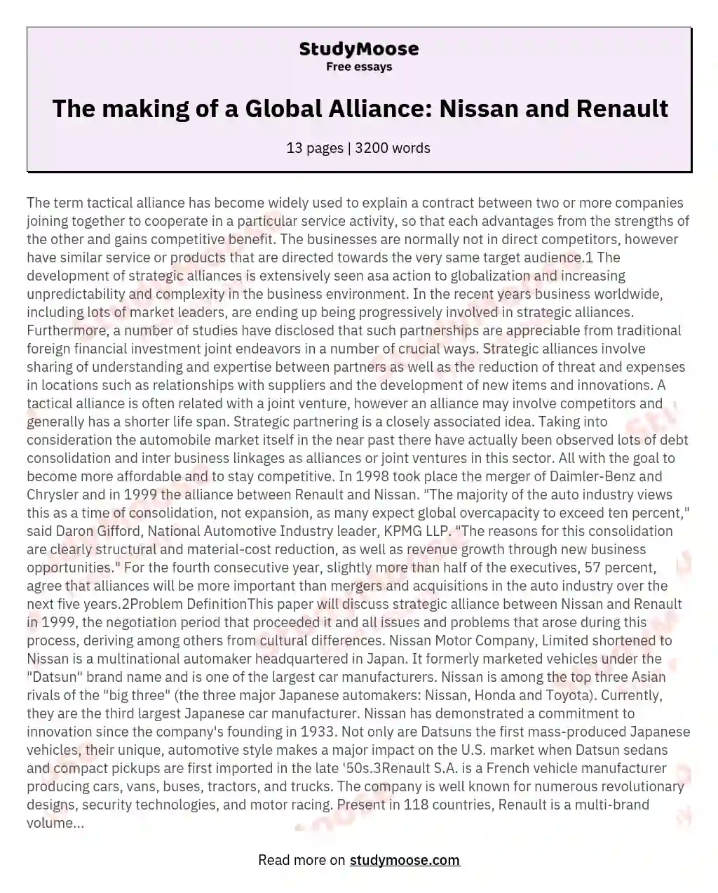 The making of a Global Alliance: Nissan and Renault essay