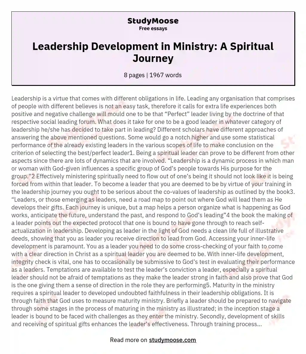 Leadership Development in Ministry: A Spiritual Journey essay