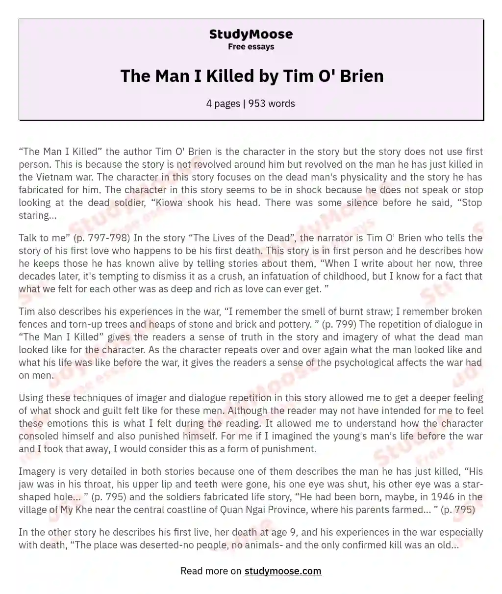 The Man I Killed by Tim O' Brien essay