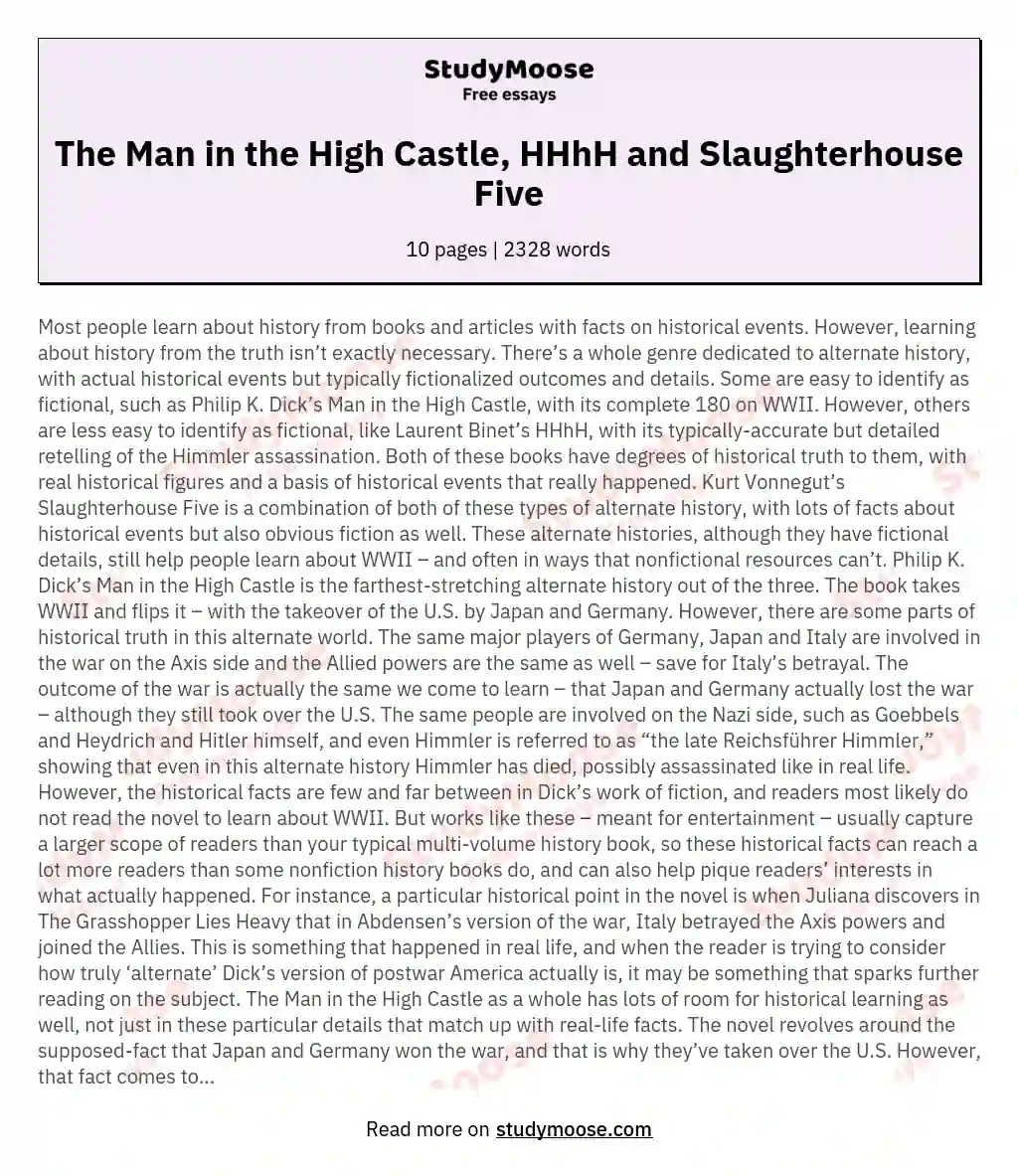 The Man in the High Castle, HHhH and Slaughterhouse Five essay