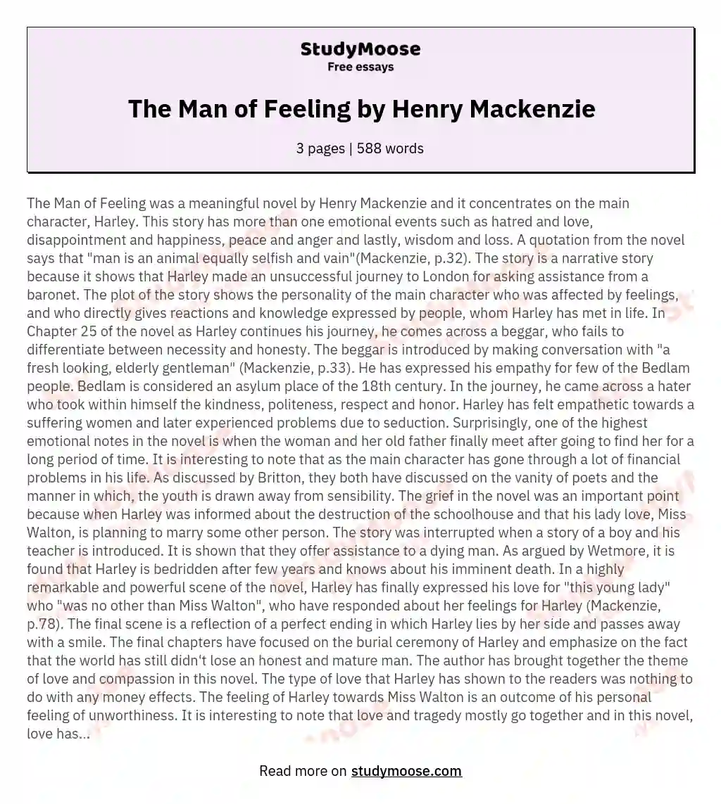 The Man of Feeling by Henry Mackenzie essay