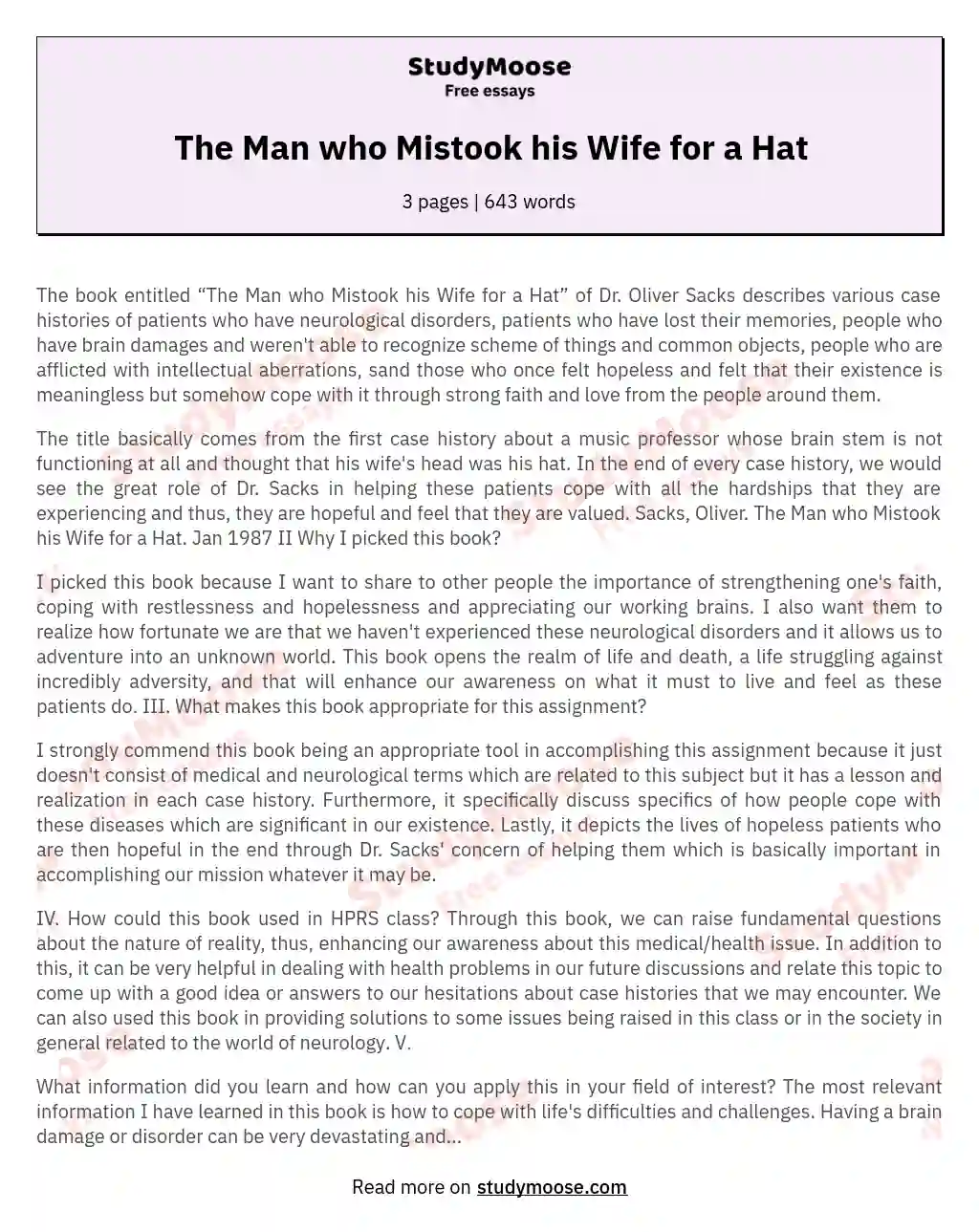 The Man who Mistook his Wife for a Hat essay