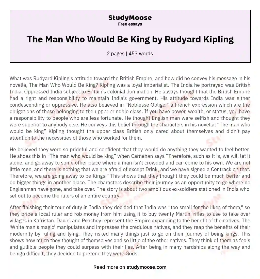 The Man Who Would Be King by Rudyard Kipling essay