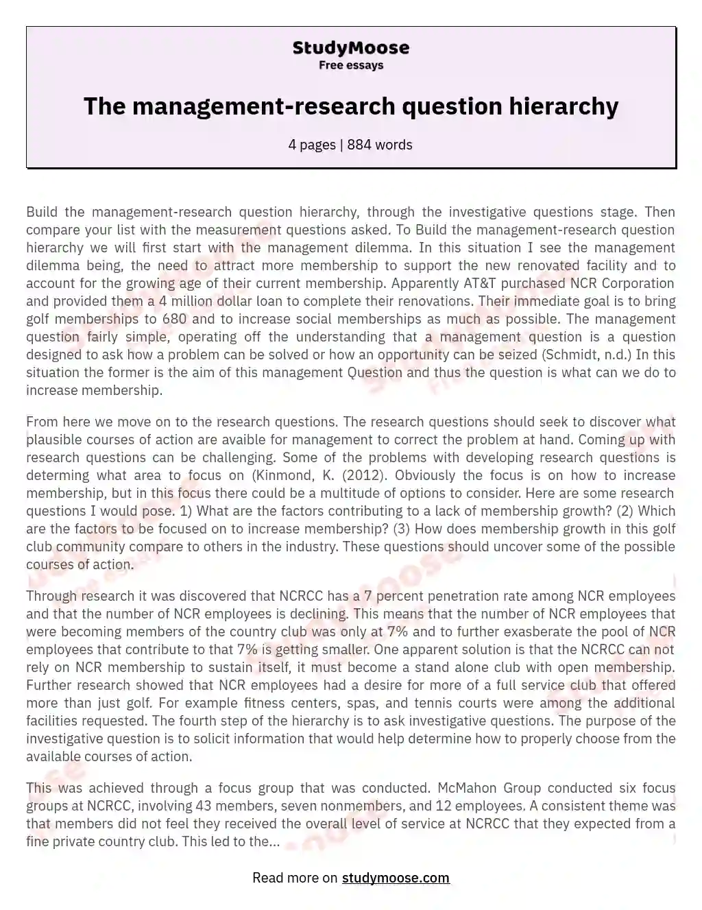 The management-research question hierarchy essay