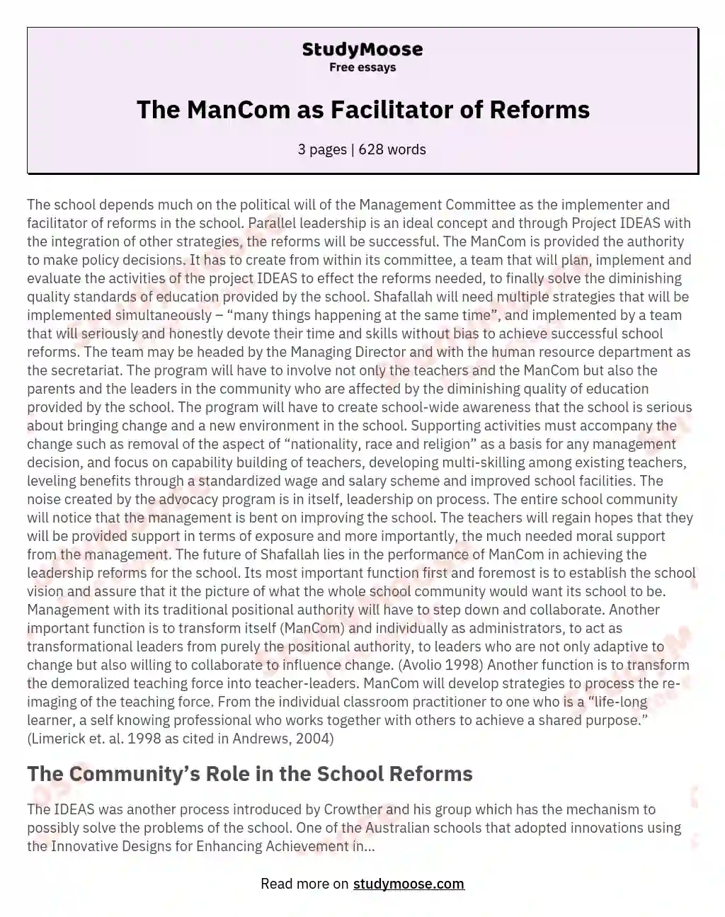 The ManCom as Facilitator of Reforms essay