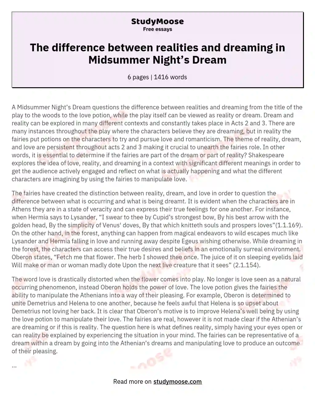 The difference between realities and dreaming in Midsummer Night’s Dream essay