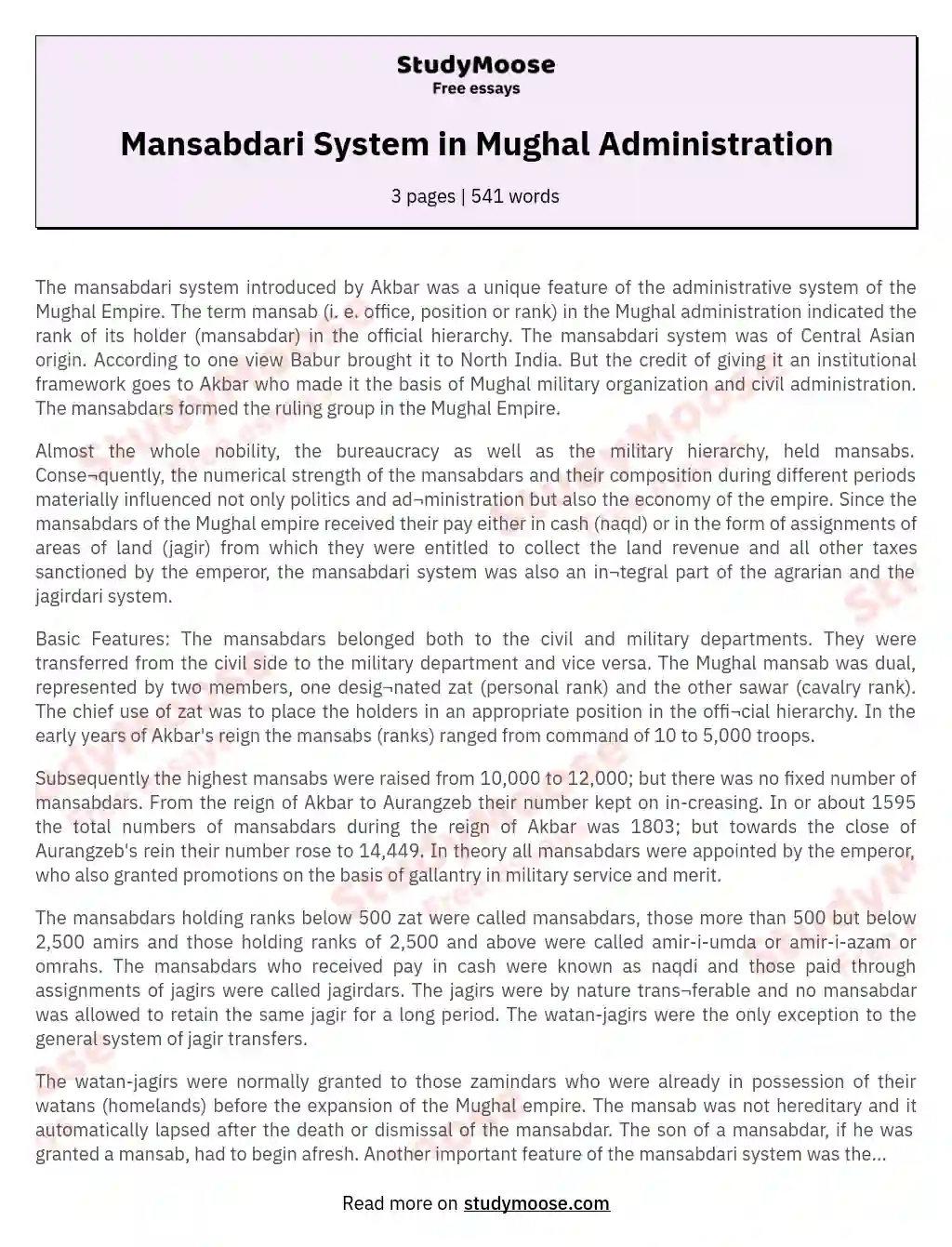 Mansabdari System in Mughal Administration essay
