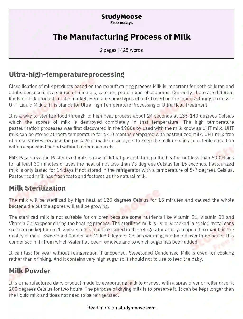 The Manufacturing Process of Milk essay