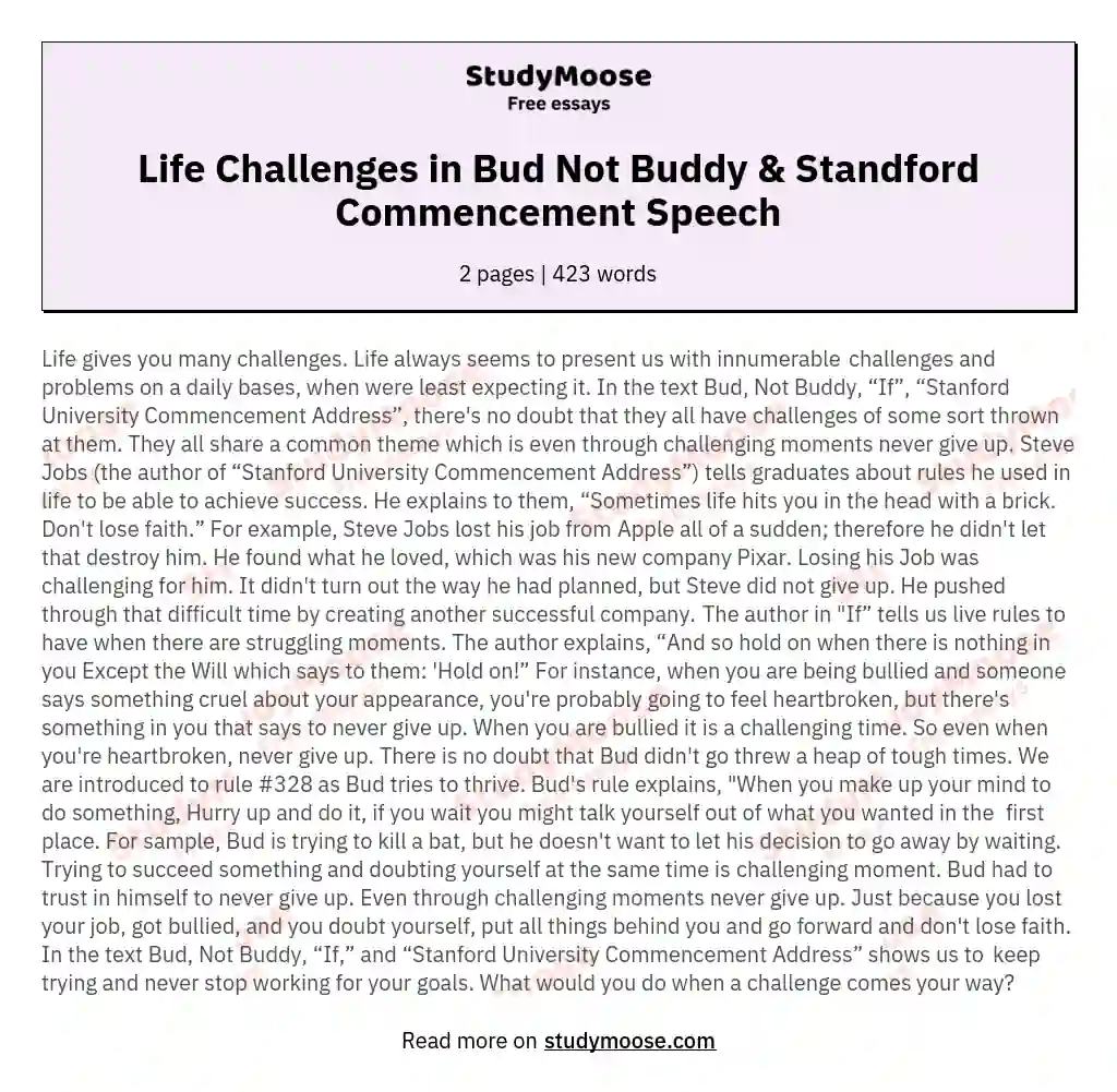 Life Challenges in Bud Not Buddy & Standford Commencement Speech essay