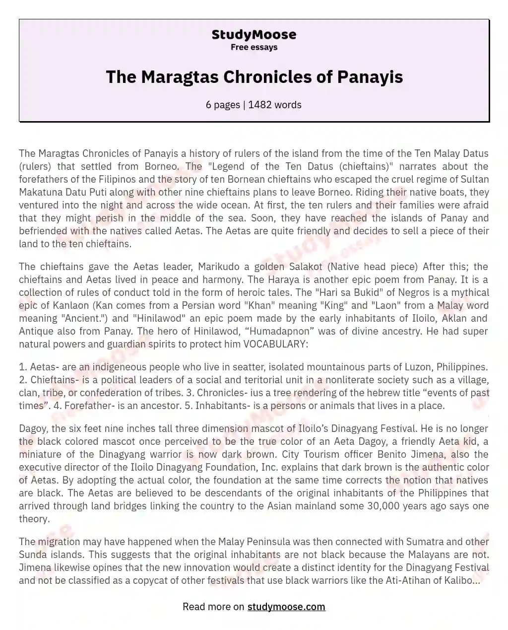 The Maragtas Chronicles of Panayis essay