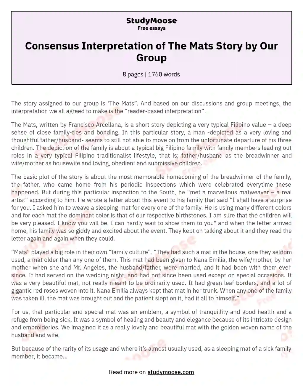 Consensus Interpretation of The Mats Story by Our Group essay
