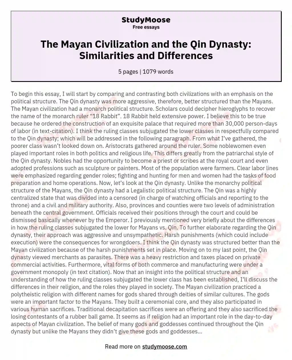 The Mayan Civilization and the Qin Dynasty: Similarities and Differences