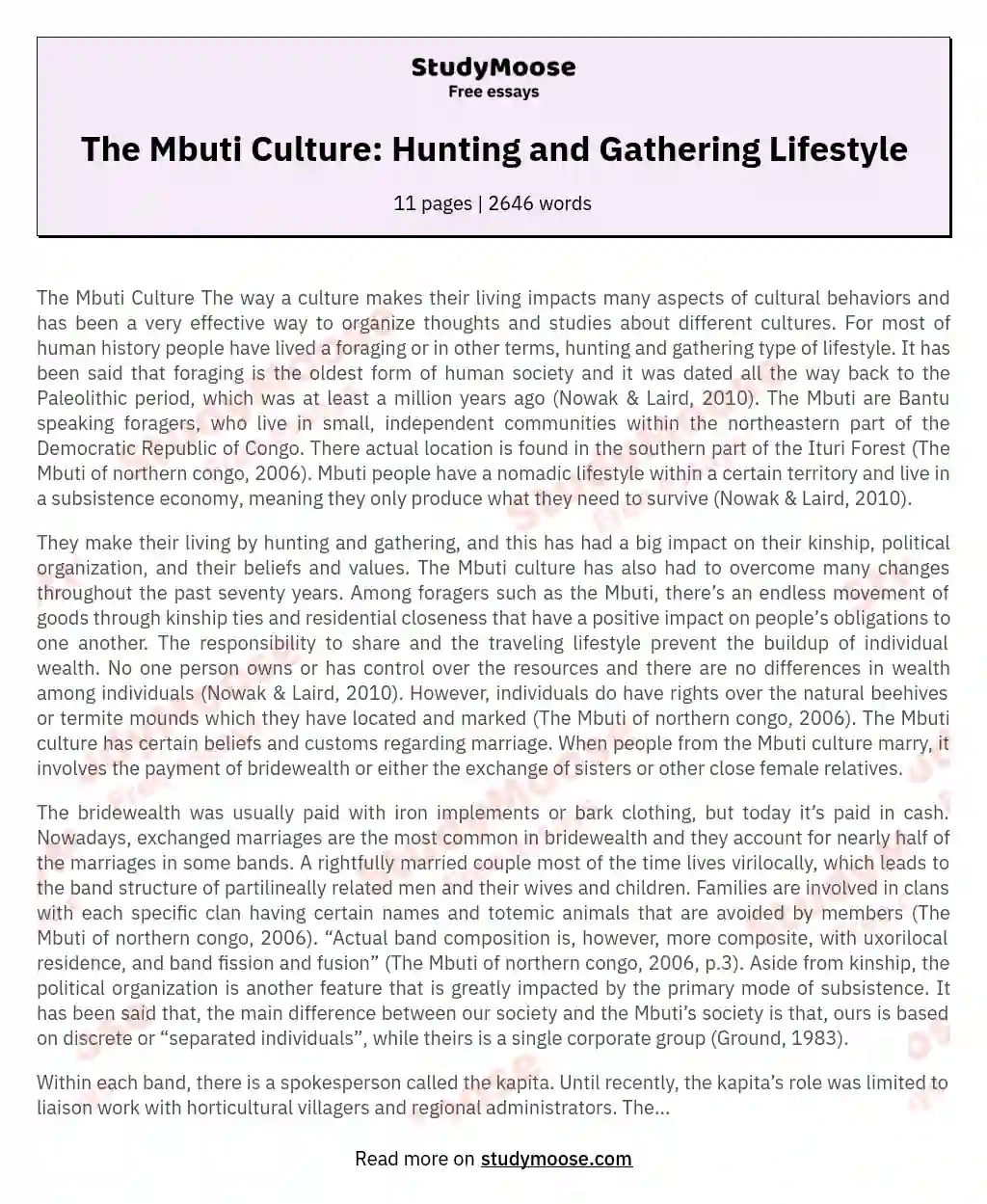 The Mbuti Culture: Hunting and Gathering Lifestyle essay