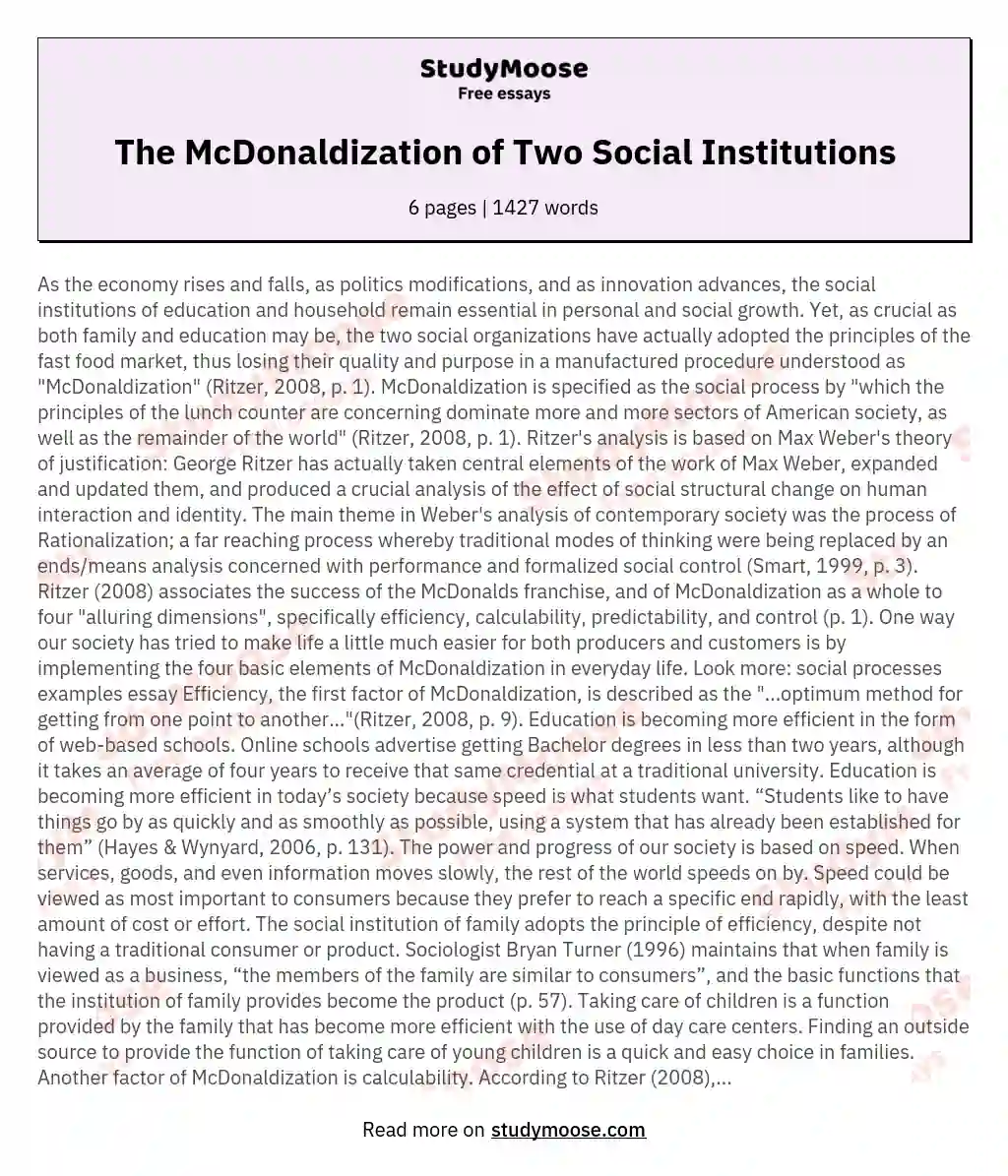 The McDonaldization of Two Social Institutions essay