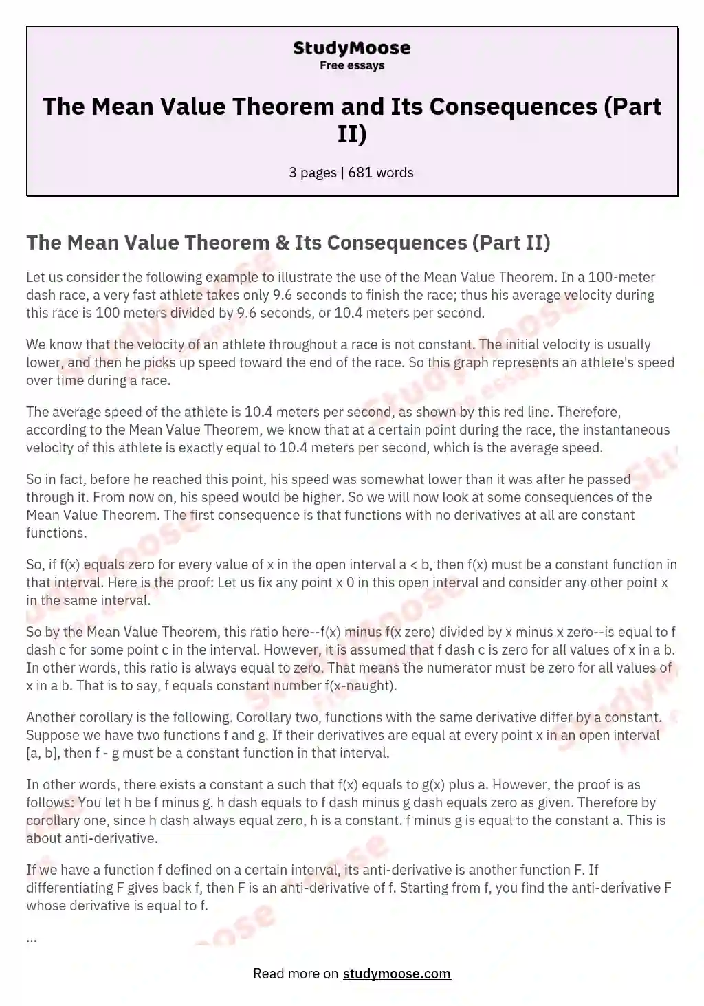 The Mean Value Theorem and Its Consequences (Part II) essay