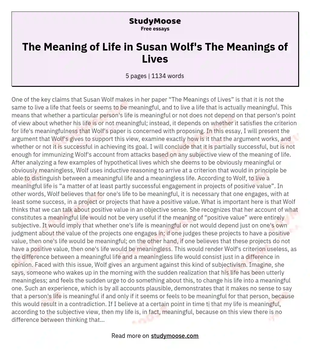 The Meaning of Life: A Critical Analysis of Susan Wolf's Perspective essay