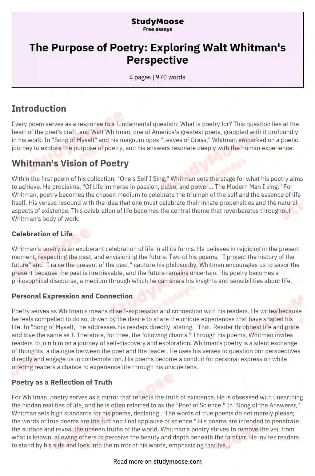 The Purpose of Poetry: Exploring Walt Whitman's Perspective essay