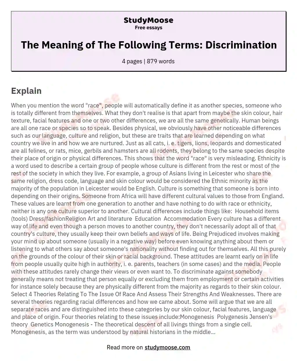 The Meaning of The Following Terms: Discrimination essay