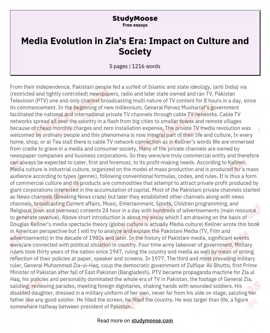 Media Evolution in Zia's Era: Impact on Culture and Society essay
