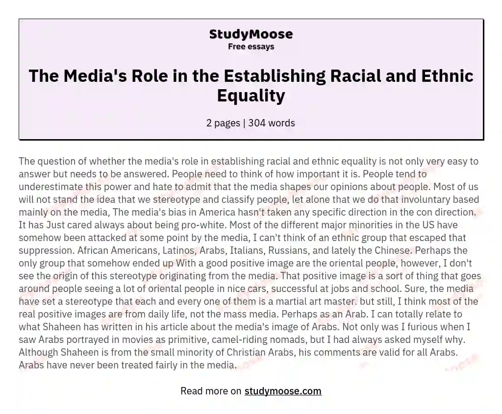 The Media's Role in the Establishing Racial and Ethnic Equality essay