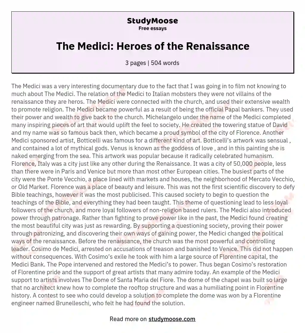 The Medici: Heroes of the Renaissance essay