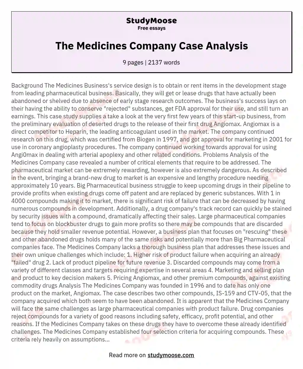 The Medicines Company Case Analysis essay