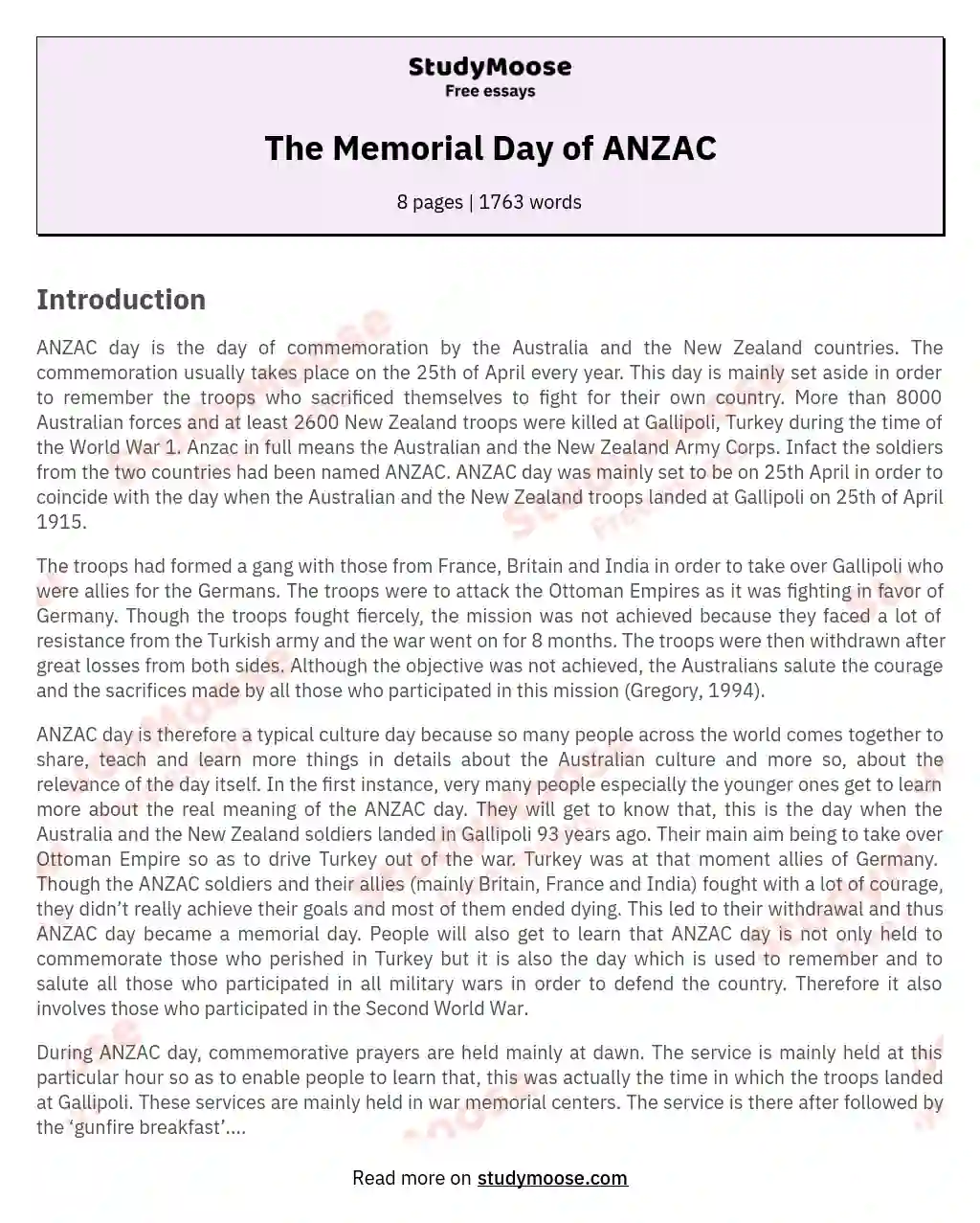 The Memorial Day of ANZAC essay