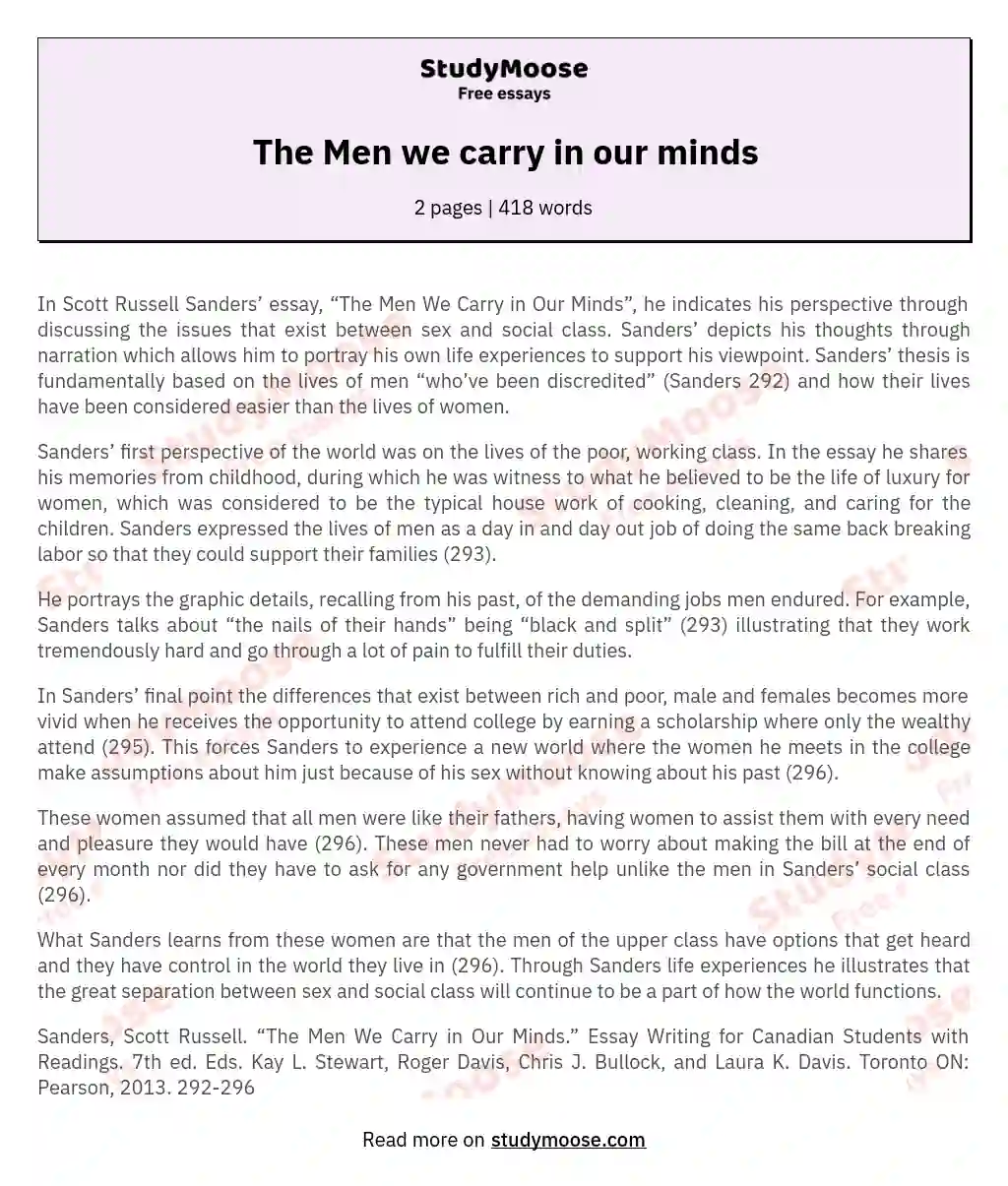 Gender and Class Disparities in "The Men We Carry in Our Minds" essay