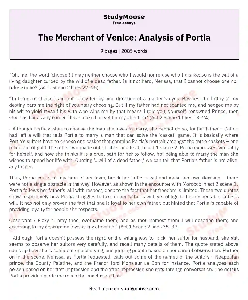 The Merchant of Venice: Analysis of Portia essay