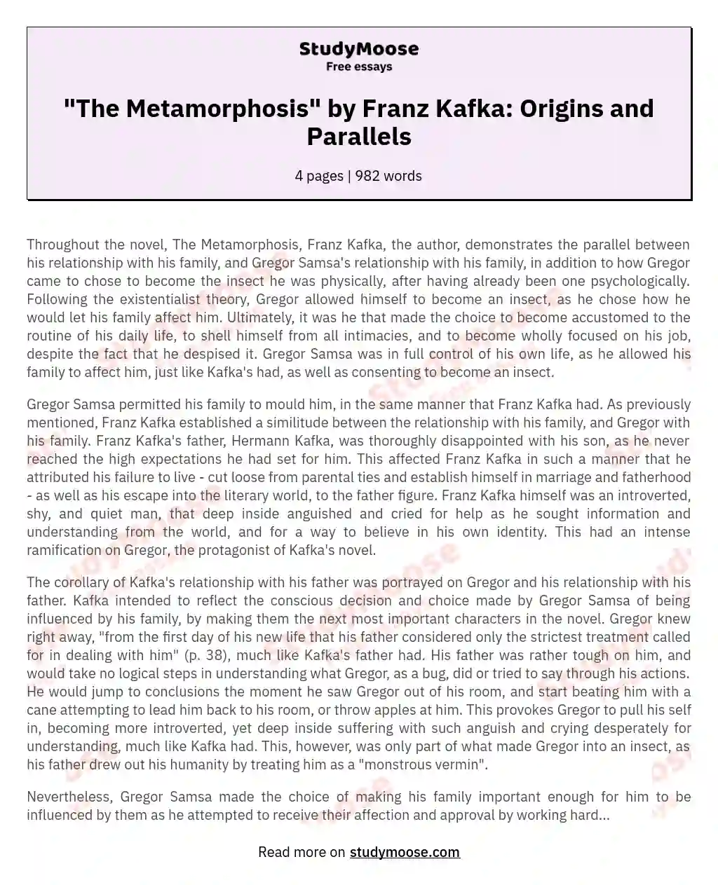 "The Metamorphosis" by Franz Kafka: Origins and Parallels