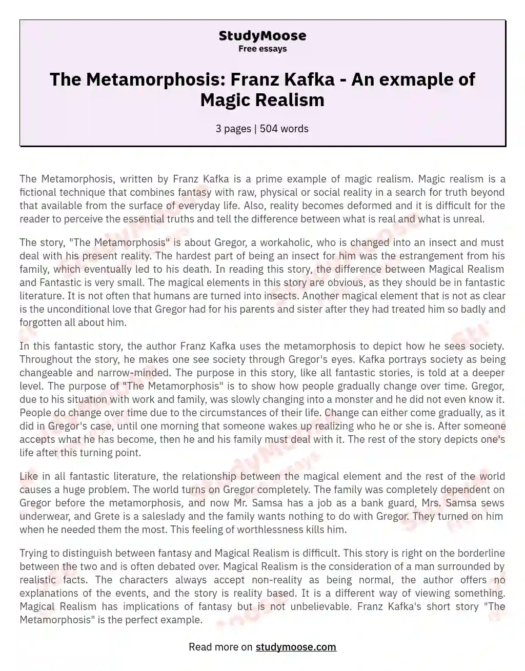 The Metamorphosis: Franz Kafka - An exmaple of Magic Realism essay