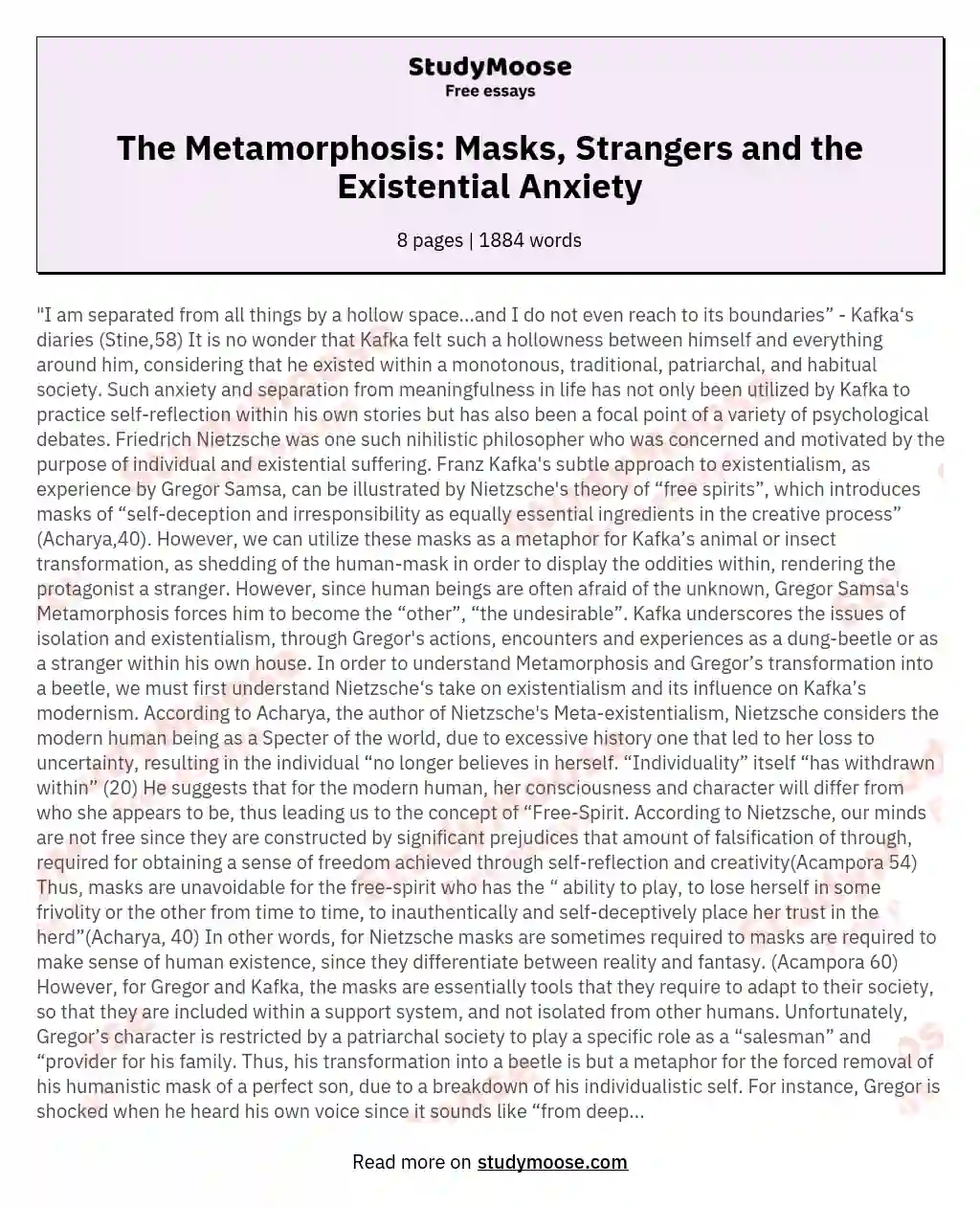 The Metamorphosis: Masks, Strangers and the Existential Anxiety