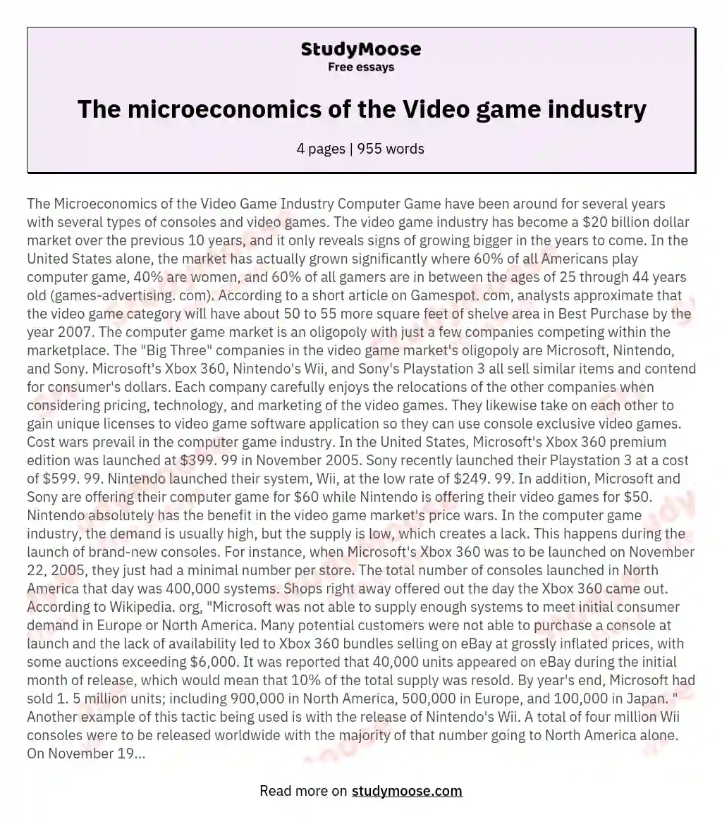 The microeconomics of the Video game industry