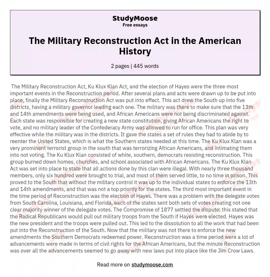 The Military Reconstruction Act in the American History essay