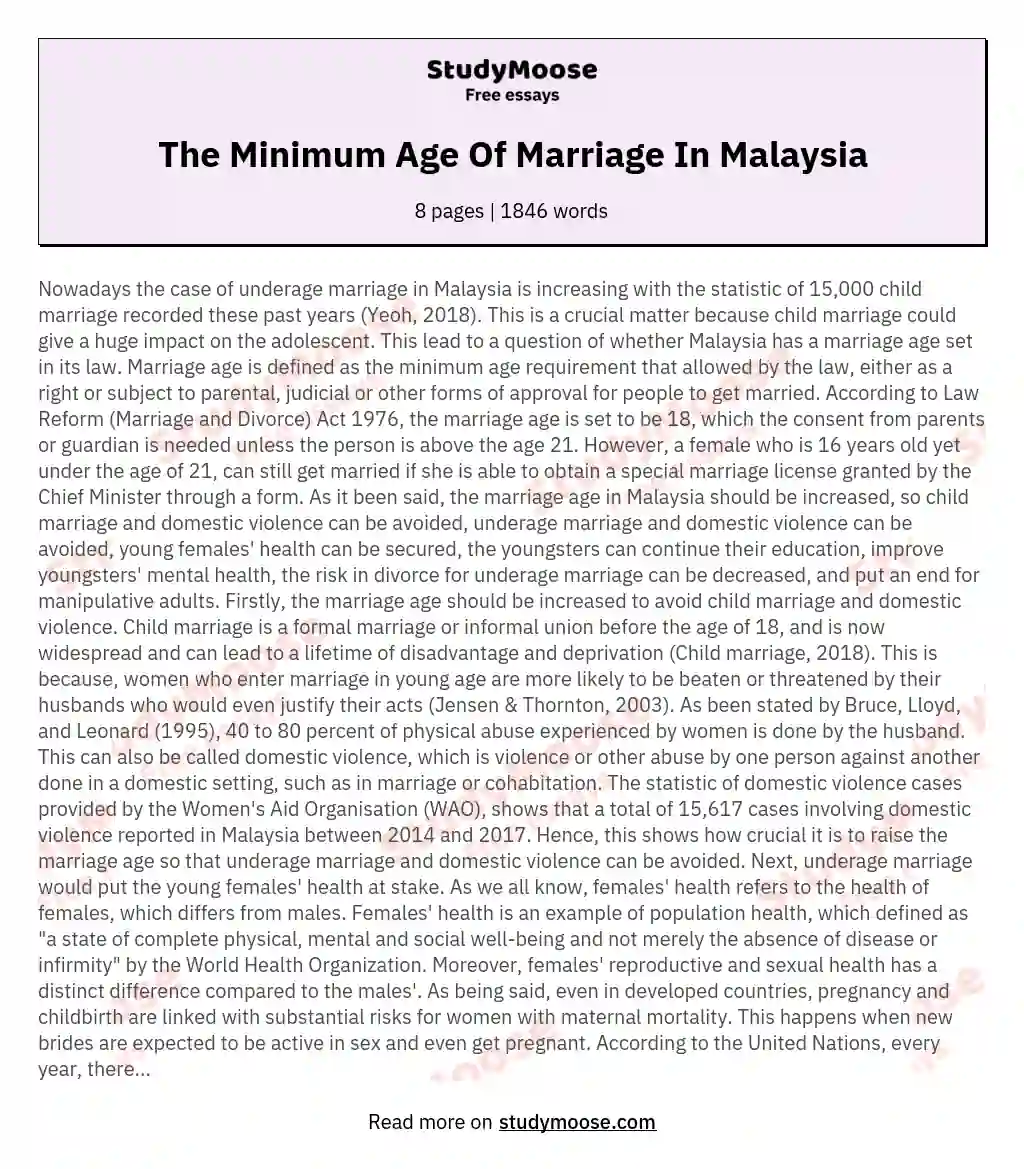 The Minimum Age Of Marriage In Malaysia essay