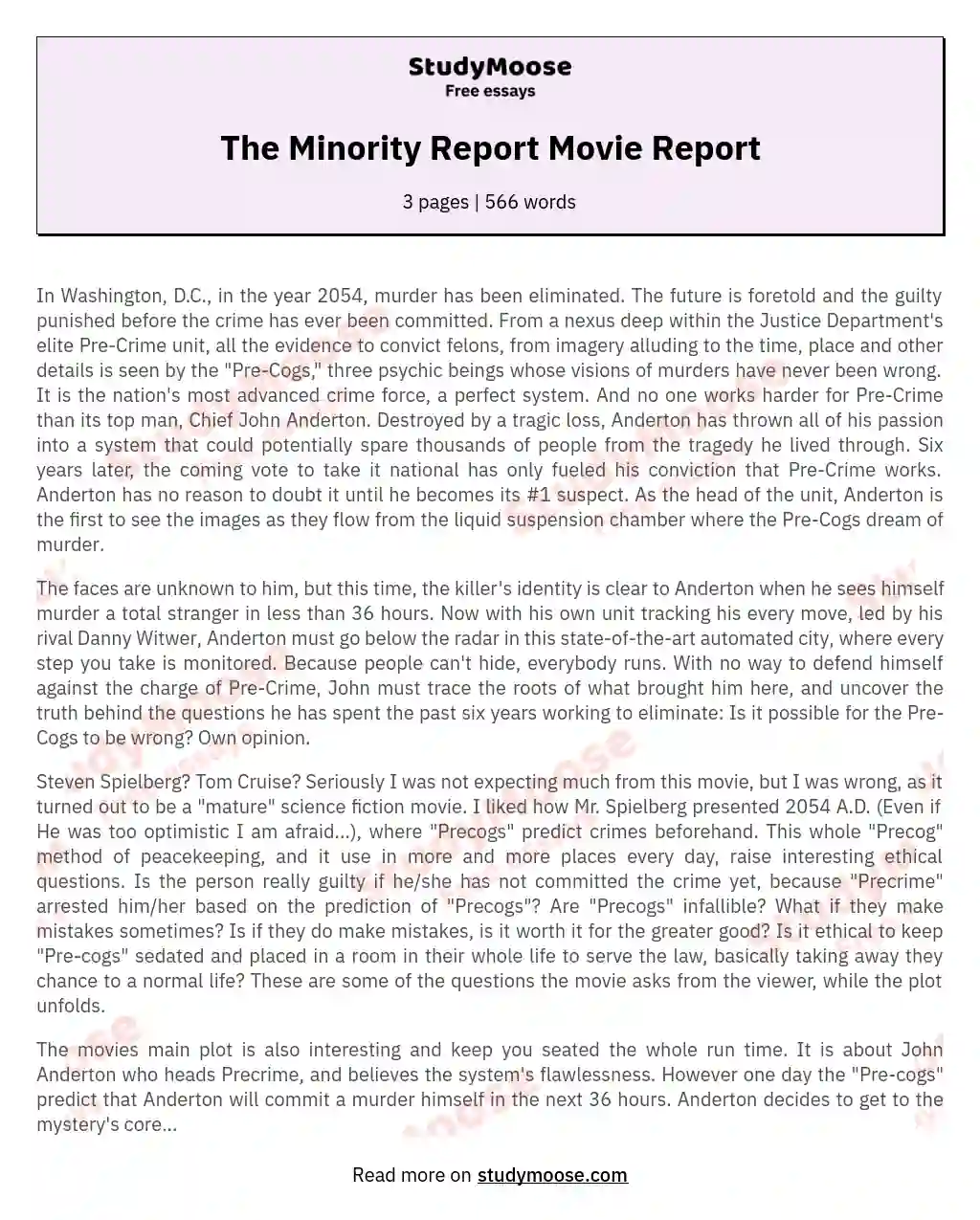 The Minority Report Movie Report essay