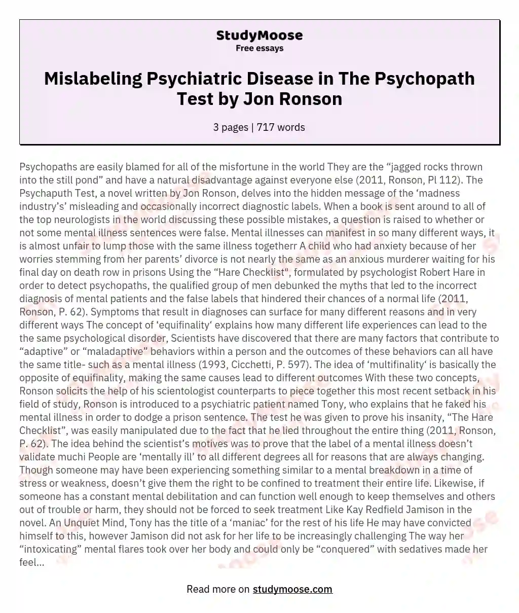 Mislabeling Psychiatric Disease in The Psychopath Test by Jon Ronson essay