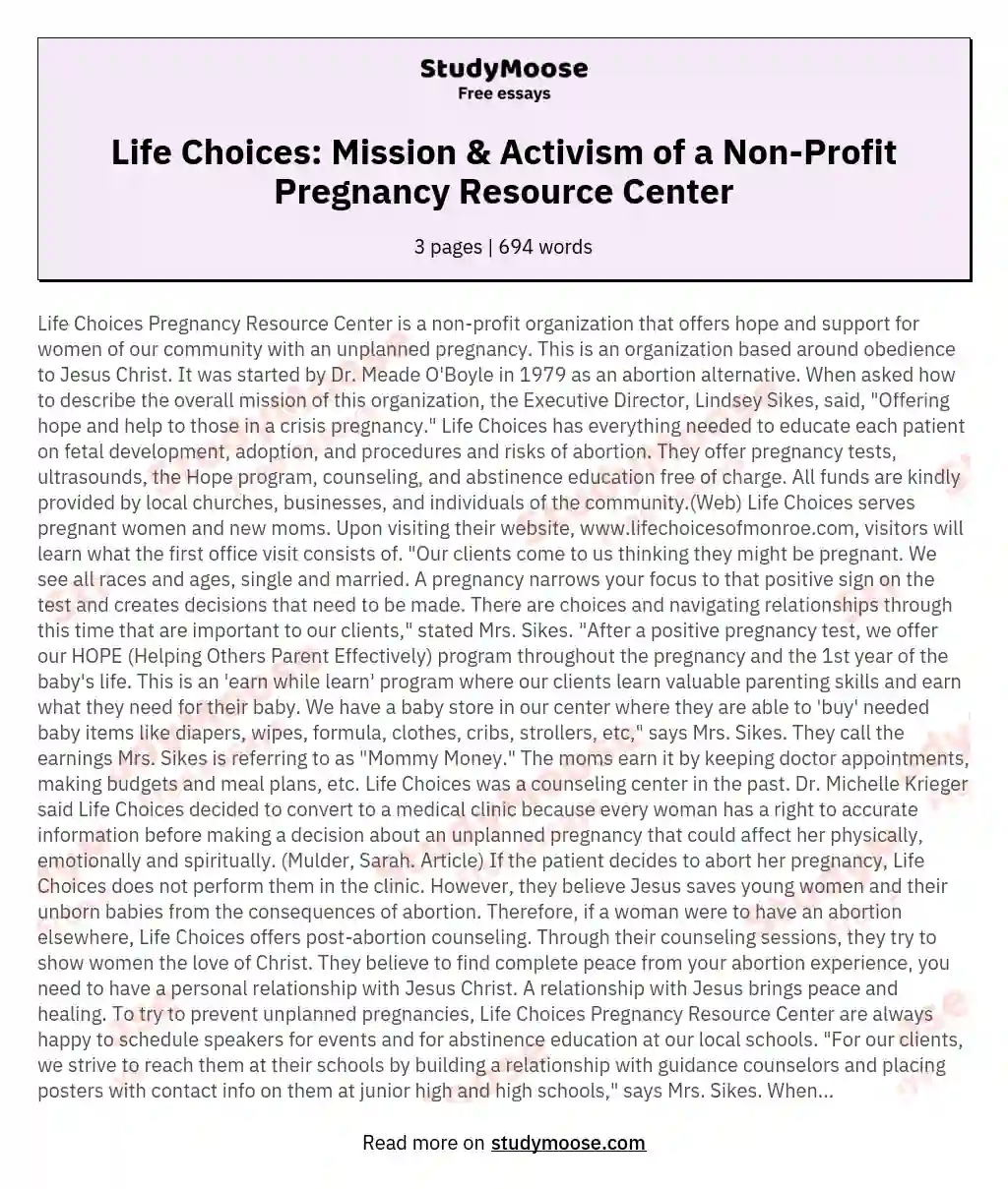 Life Choices: Mission & Activism of a Non-Profit Pregnancy Resource Center essay