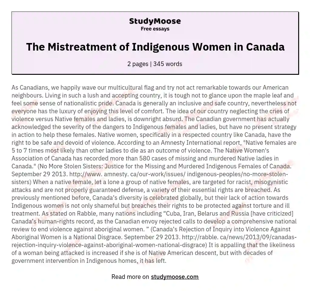 The Mistreatment of Indigenous Women in Canada essay