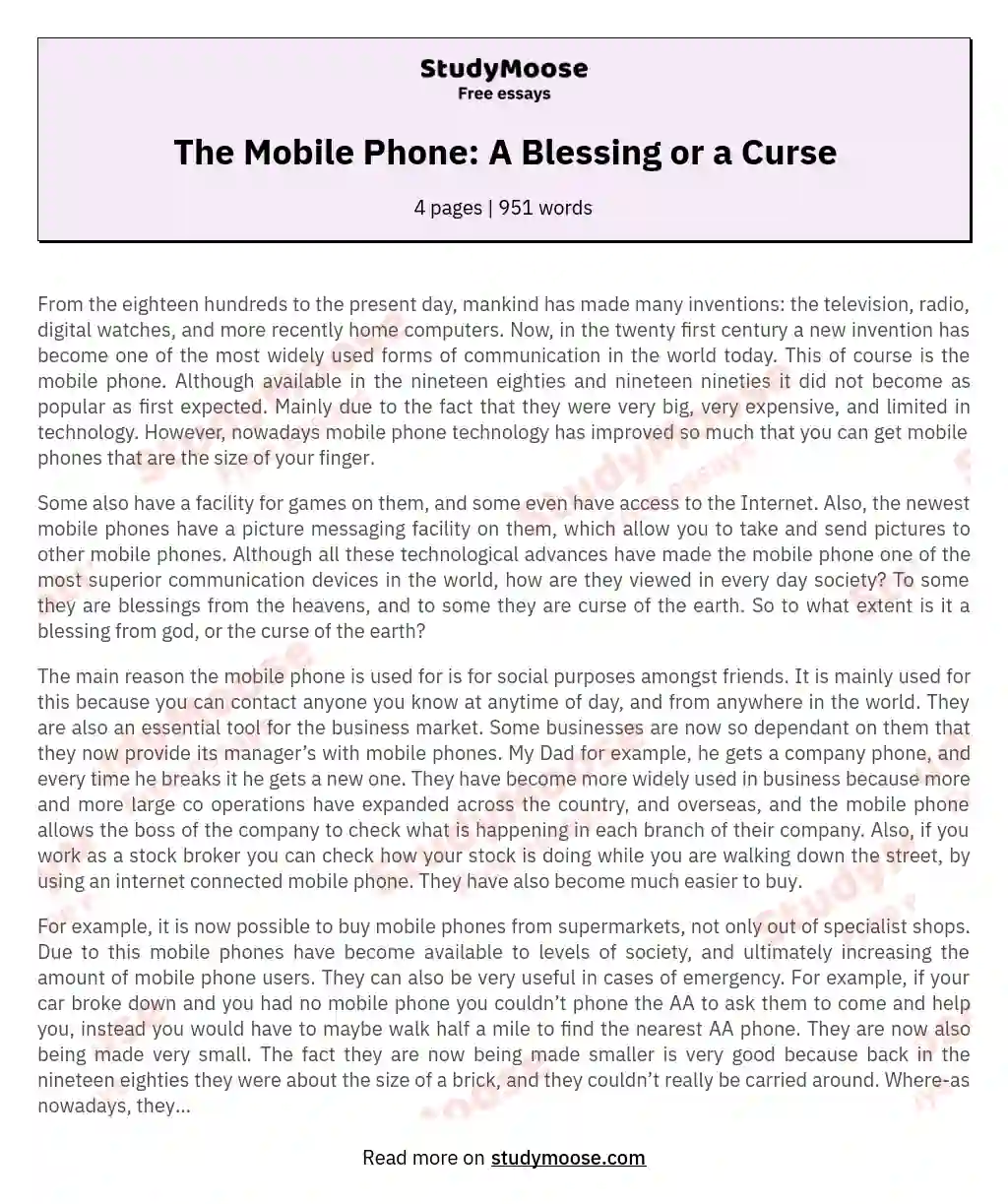 The Mobile Phone: A Blessing or a Curse essay