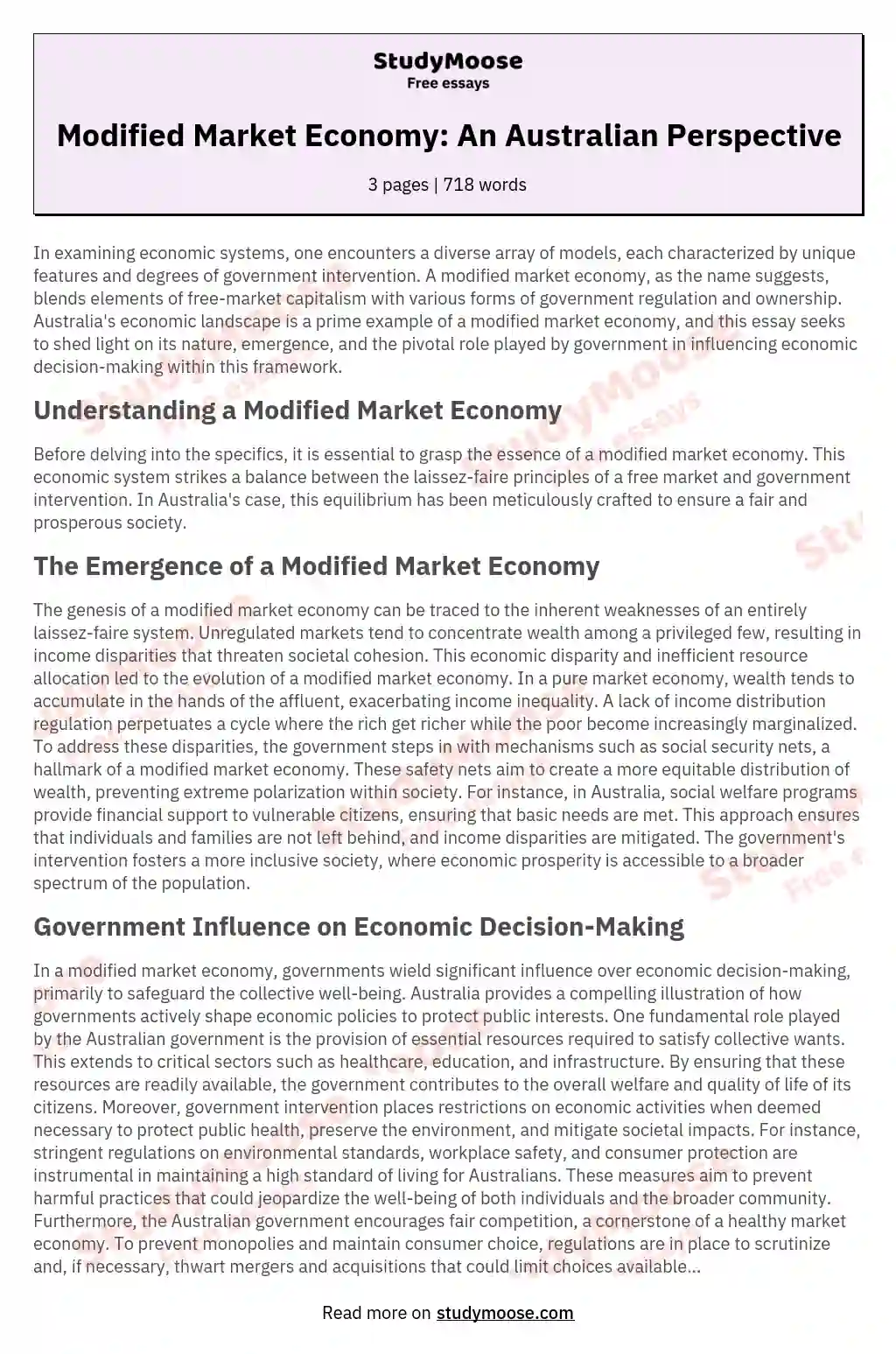 Modified Market Economy: An Australian Perspective essay