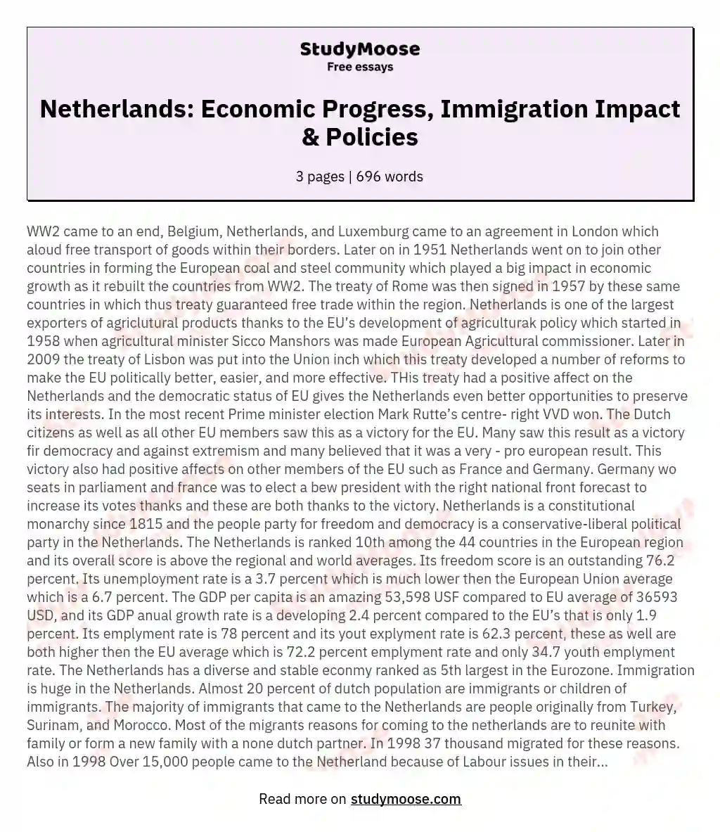 Netherlands: Economic Progress, Immigration Impact & Policies essay