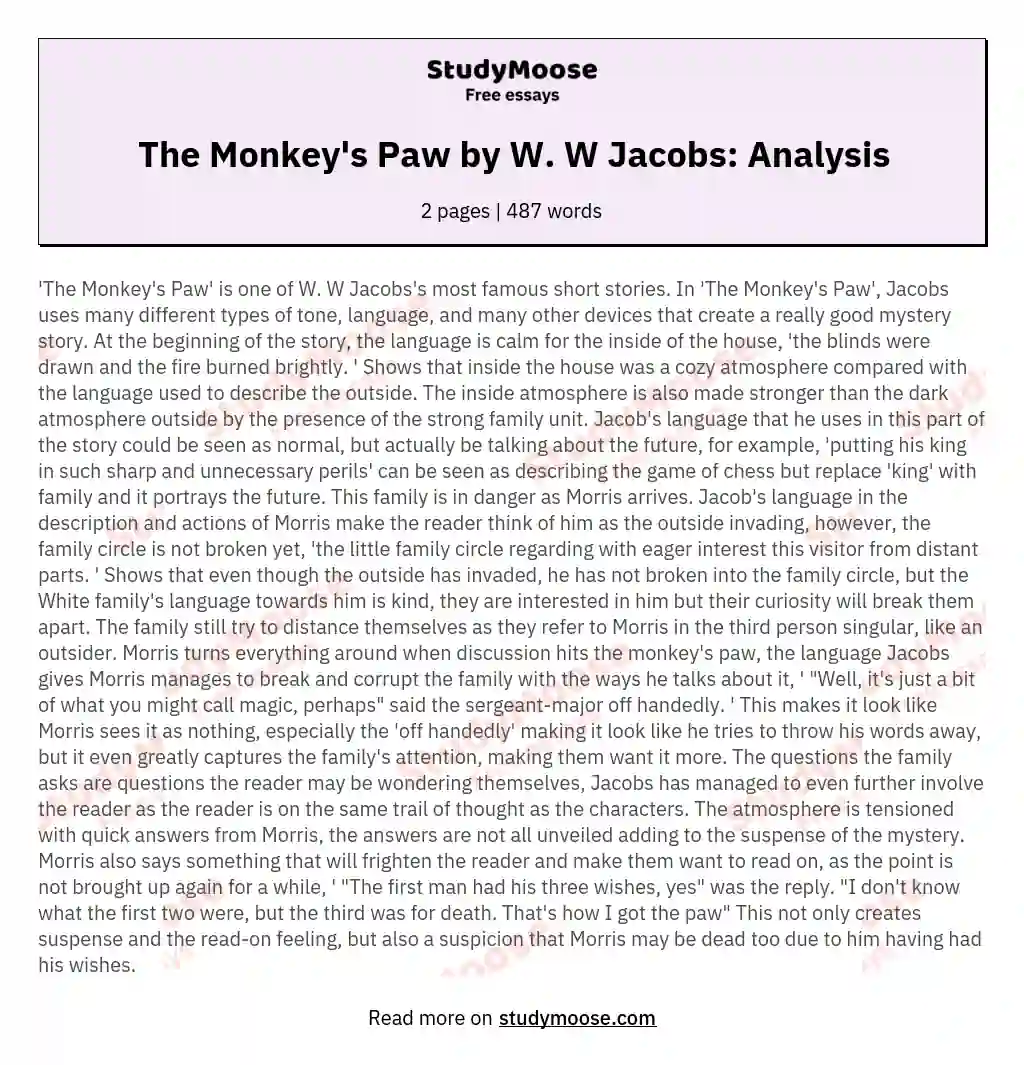 The Monkey's Paw by W. W Jacobs: Analysis