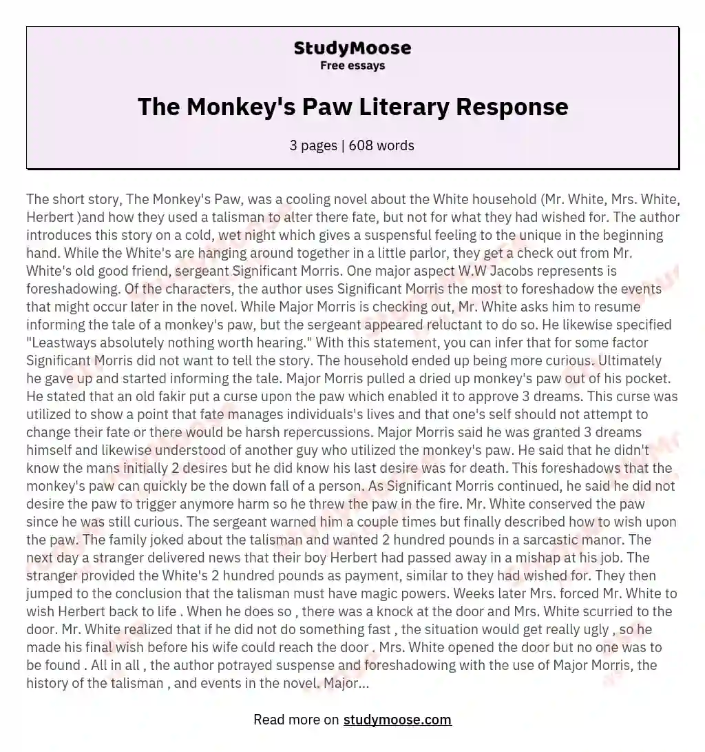 The Monkey's Paw Literary Response