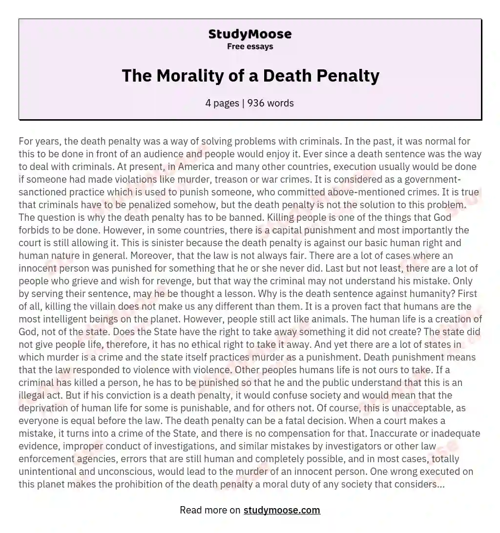The Morality of a Death Penalty essay