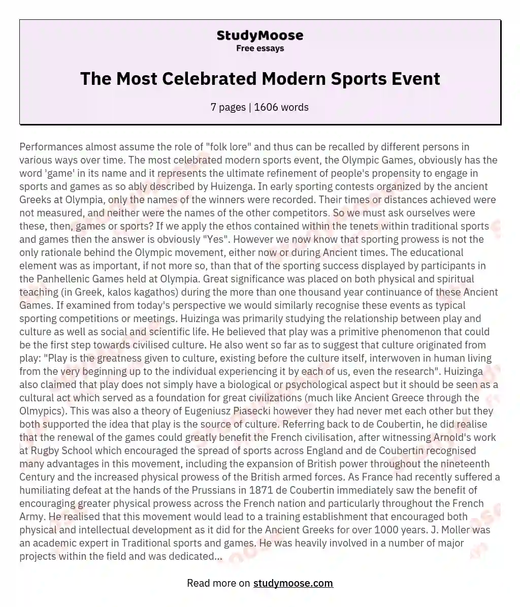 The Most Celebrated Modern Sports Event essay