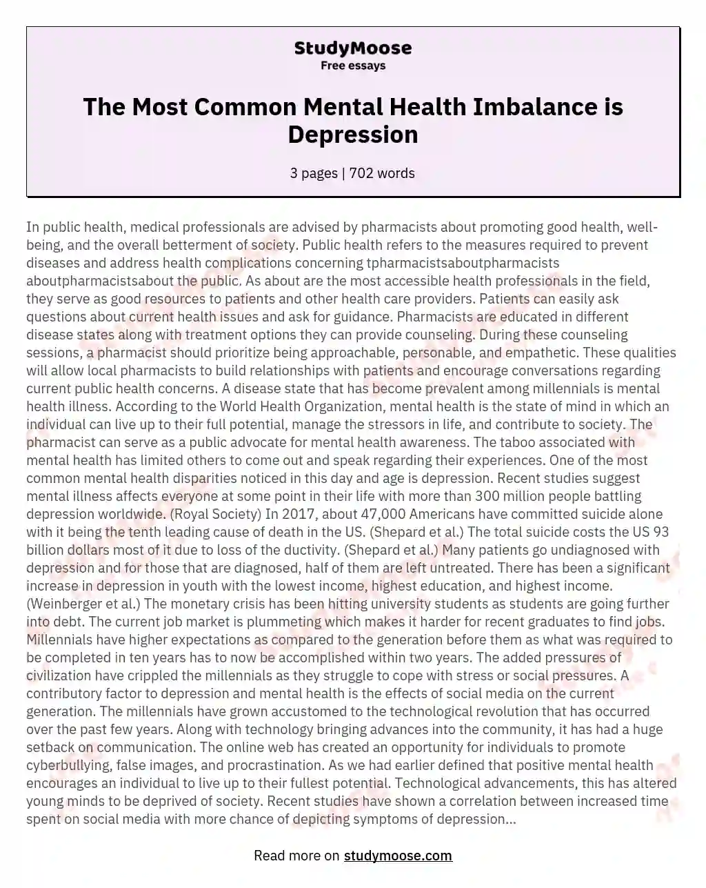 The Most Common Mental Health Imbalance is Depression essay
