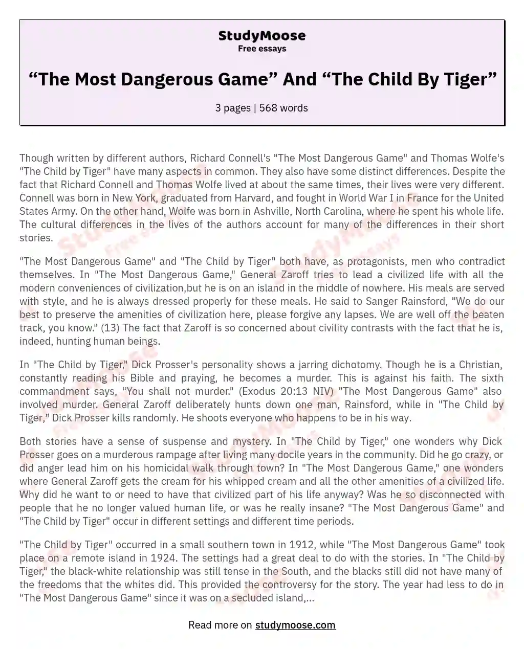 “The Most Dangerous Game” And “The Child By Tiger” essay