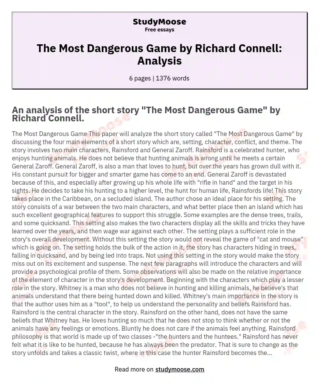 The Most Dangerous Game by Richard Connell: Analysis essay